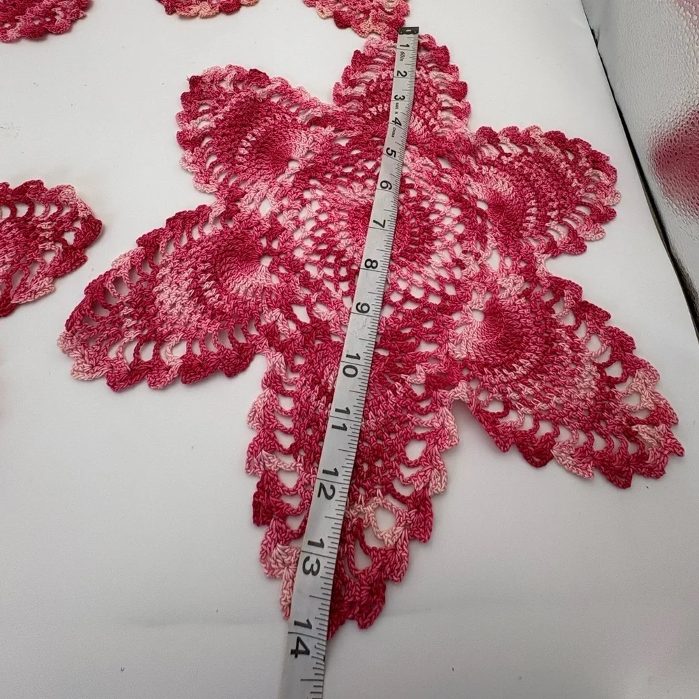 Vintage Handmade Pink and White Star Crochet Doilies 3 Large and 1 Small
